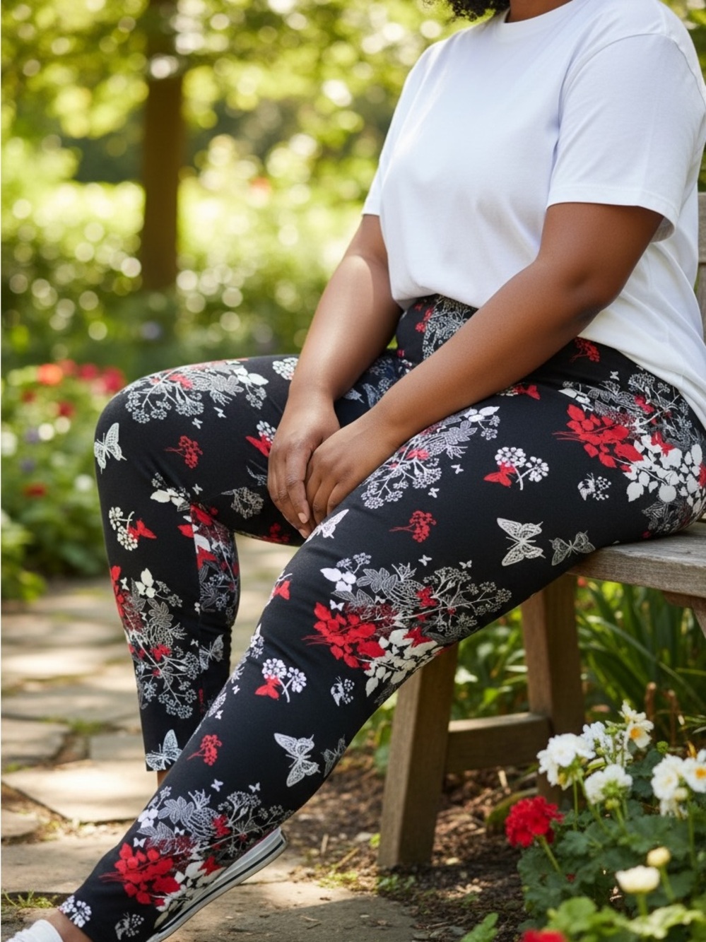 Plus-Size Black Floral Leggings with Red & White Print
